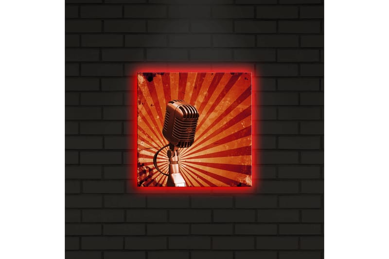 Canvastavla med LED-belysning 28x28 cm - Mikrofon med strålar i bakgrunden - Röd / Svart / Grå - Inredning & dekor - Tavlor & konst - Canvastavla