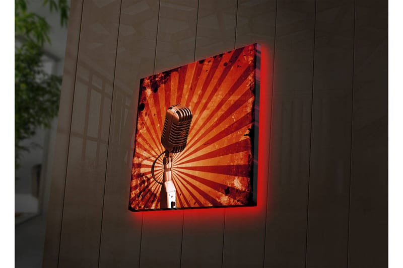 Canvastavla med LED-belysning 28x28 cm - Mikrofon med strålar i bakgrunden - Röd / Svart / Grå - Inredning & dekor - Tavlor & konst - Canvastavla