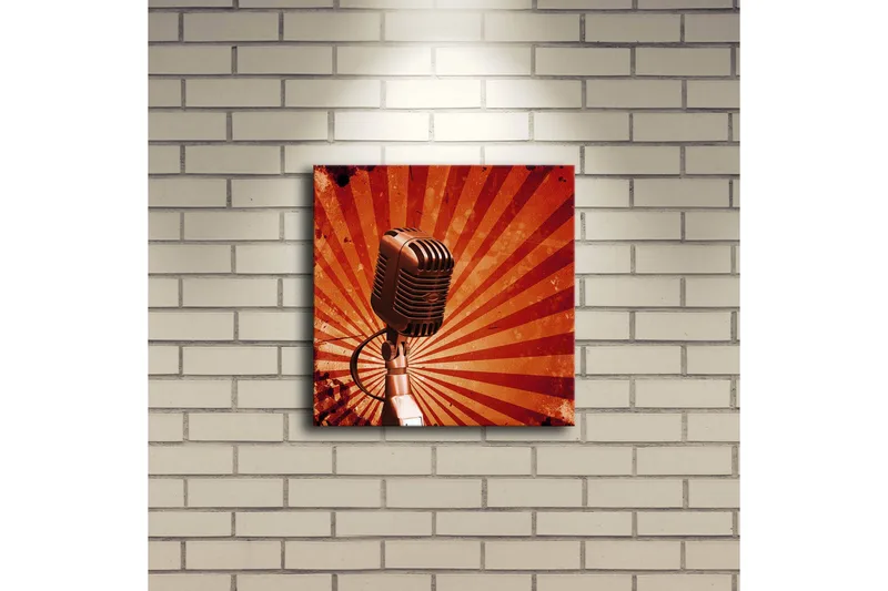 Canvastavla med LED-belysning 28x28 cm - Mikrofon med strålar i bakgrunden - Röd / Svart / Grå - Inredning & dekor - Tavlor & konst - Canvastavla