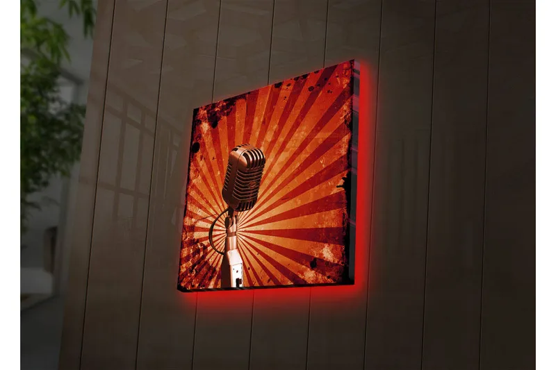 Canvastavla med LED-belysning 28x28 cm - Mikrofon med strålar i bakgrunden - Röd / Svart / Grå - Inredning & dekor - Tavlor & konst - Canvastavla