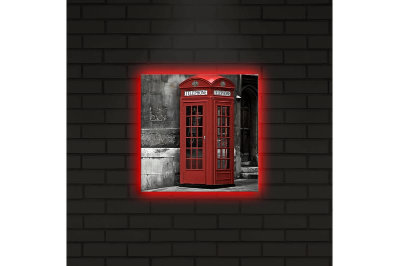 Canvastavla med LED-belysning 28x28 cm - Röd telefonkiosk mot en svartvit bakgrund - Röd / Grå / Svart - Inredning & dekor - Tavlor & konst - Canvastavla