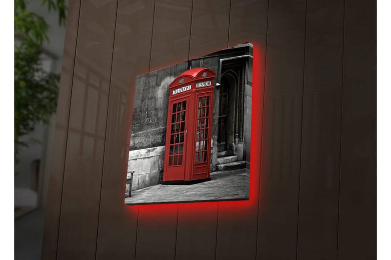 Canvastavla med LED-belysning 28x28 cm - Röd telefonkiosk mot en svartvit bakgrund - Röd / Grå / Svart - Inredning & dekor - Tavlor & konst - Canvastavla