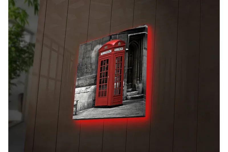 Canvastavla med LED-belysning 28x28 cm - Röd telefonkiosk mot en svartvit bakgrund - Röd / Grå / Svart - Inredning & dekor - Tavlor & konst - Canvastavla