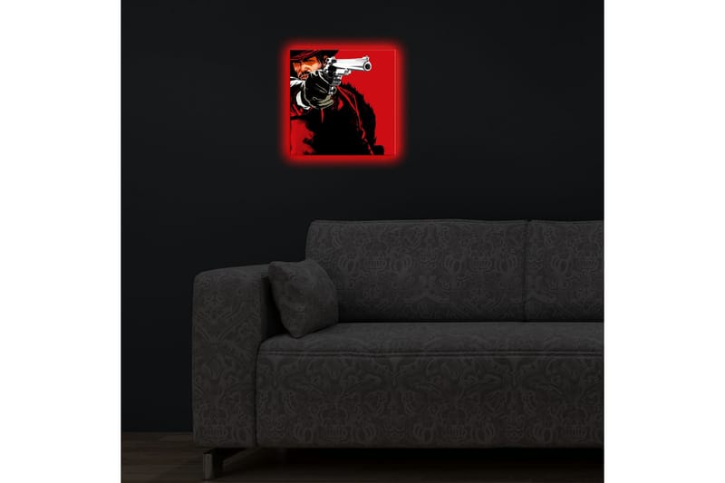 Canvastavla med LED-belysning 28x28 cm - Skarp porträtt av en revolverman med pistol i hand - Röd / Svart - Inredning & dekor - Tavlor & konst - Canvastavla