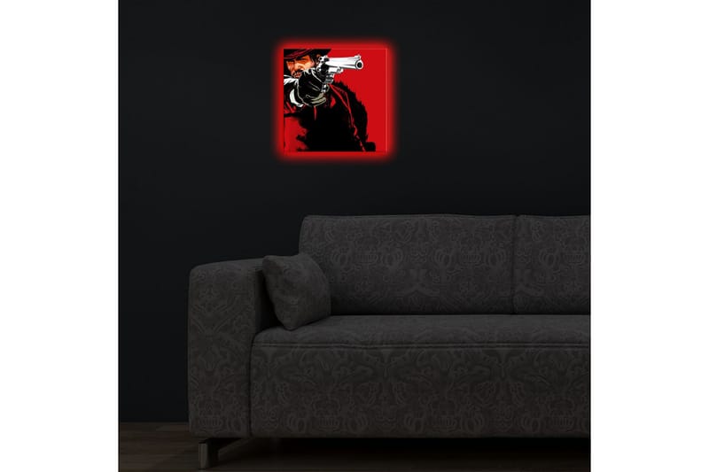 Canvastavla med LED-belysning 28x28 cm - Skarp porträtt av en revolverman med pistol i hand - Röd / Svart - Inredning & dekor - Tavlor & konst - Canvastavla