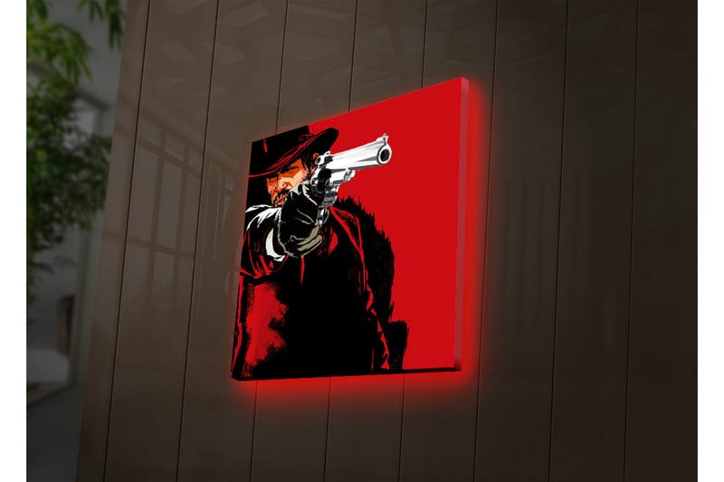 Canvastavla med LED-belysning 28x28 cm - Skarp porträtt av en revolverman med pistol i hand - Röd / Svart - Inredning & dekor - Tavlor & konst - Canvastavla