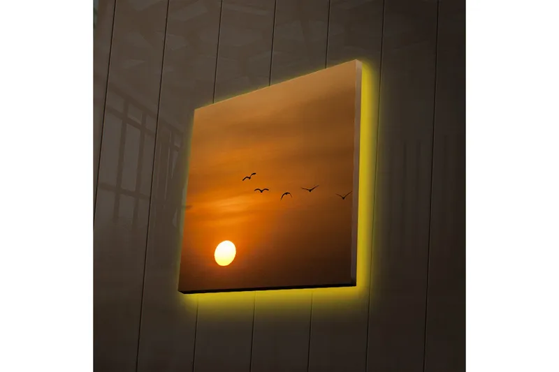 Canvastavla med LED-belysning 28x28 cm - Solnedgång med flygande fåglar - Orange / Gult / Svart - Inredning & dekor - Tavlor & konst - Canvastavla