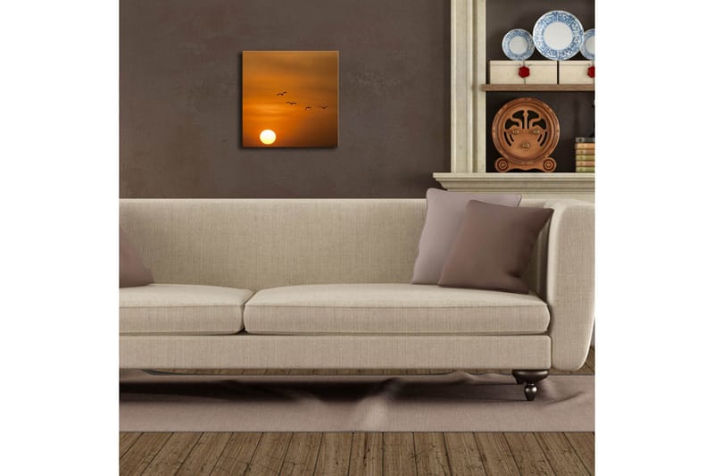 Canvastavla med LED-belysning 28x28 cm - Solnedgång med flygande fåglar - Orange / Gult / Svart - Inredning & dekor - Tavlor & konst - Canvastavla