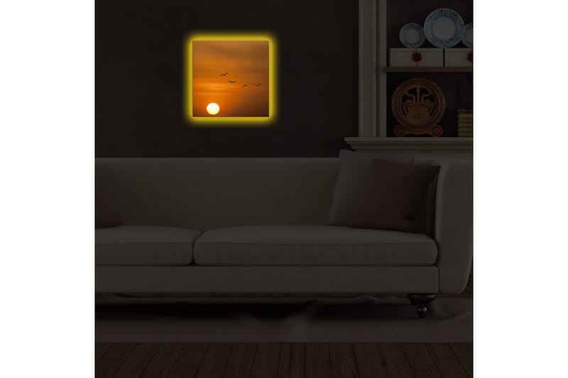 Canvastavla med LED-belysning 28x28 cm - Solnedgång med flygande fåglar - Orange / Gult / Svart - Inredning & dekor - Tavlor & konst - Canvastavla