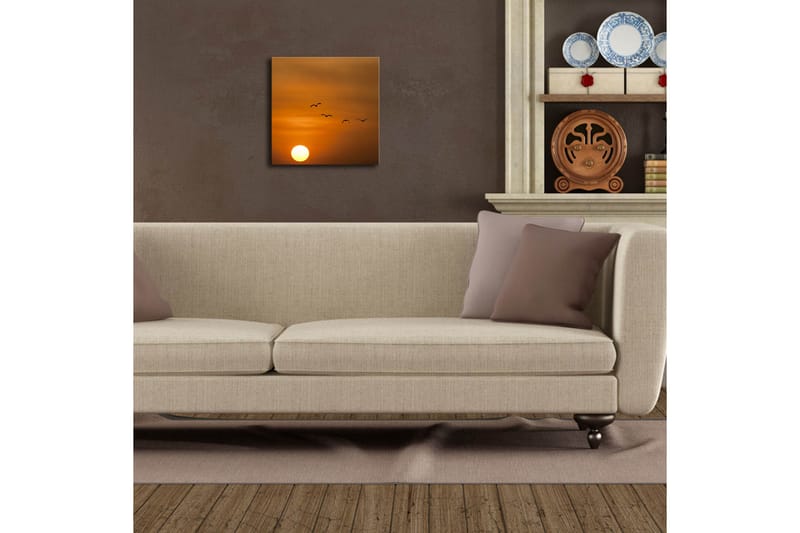 Canvastavla med LED-belysning 28x28 cm - Solnedgång med flygande fåglar - Orange / Gult / Svart - Inredning & dekor - Tavlor & konst - Canvastavla