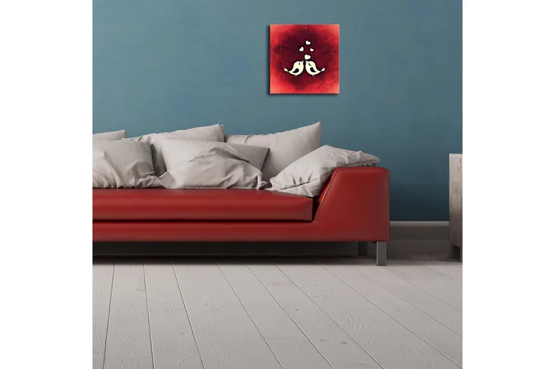 Canvastavla med LED-belysning 28x28 cm - Stiliserade fåglar i en abstrakt komposition - Röd / Vit - Inredning & dekor - Tavlor & konst - Canvastavla