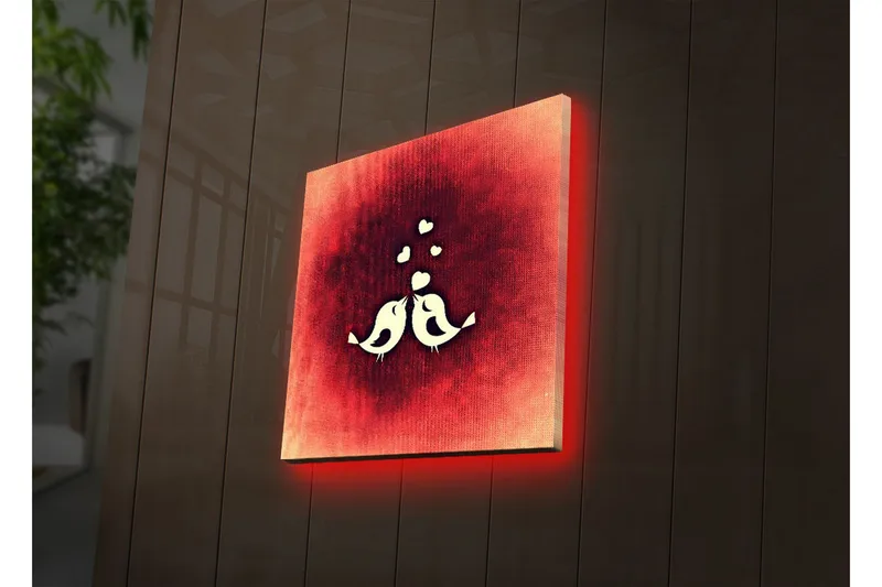 Canvastavla med LED-belysning 28x28 cm - Stiliserade fåglar i en abstrakt komposition - Röd / Vit - Inredning & dekor - Tavlor & konst - Canvastavla