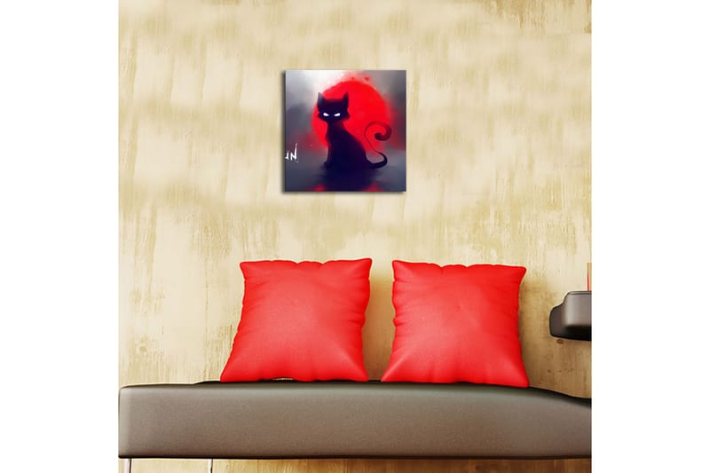 Canvastavla med LED-belysning 28x28 cm - Svart katt mot en röd solnedgång - Svart / Röd / Grå - Inredning & dekor - Tavlor & konst - Canvastavla
