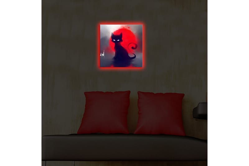 Canvastavla med LED-belysning 28x28 cm - Svart katt mot en röd solnedgång - Svart / Röd / Grå - Inredning & dekor - Tavlor & konst - Canvastavla