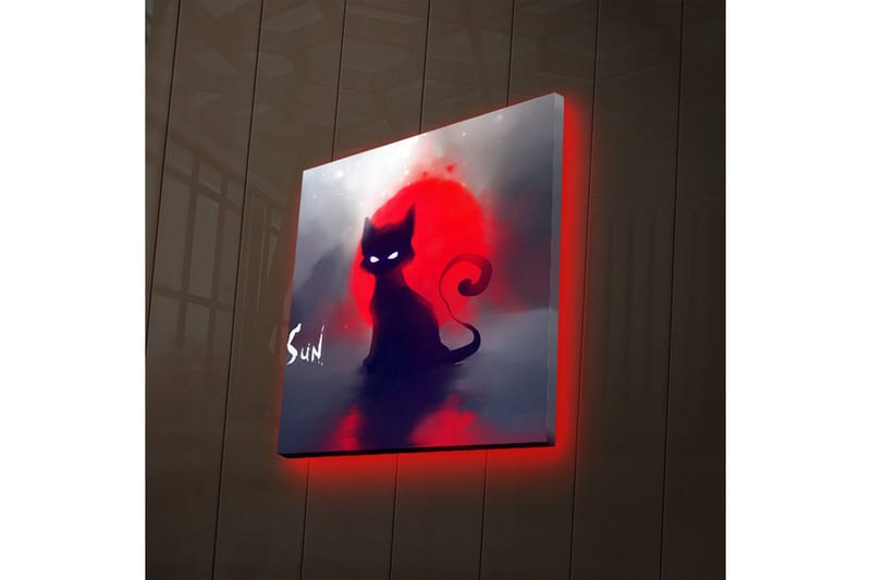 Canvastavla med LED-belysning 28x28 cm - Svart katt mot en röd solnedgång - Svart / Röd / Grå - Inredning & dekor - Tavlor & konst - Canvastavla