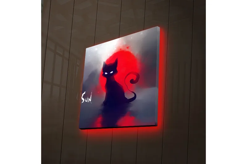 Canvastavla med LED-belysning 28x28 cm - Svart katt mot en röd solnedgång - Svart / Röd / Grå - Inredning & dekor - Tavlor & konst - Canvastavla