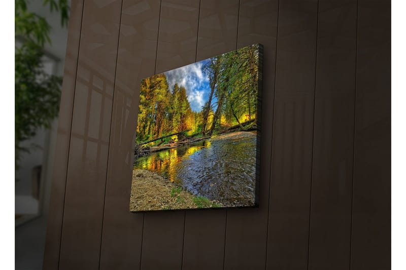 Canvastavla med LED-belysning 28x28 cm - Vacker höstlandskap med färgglada träd vid en spegelblanka flod - Grön / Orange / Blå - Inredning & dekor - Tavlor & konst - Canvastavla