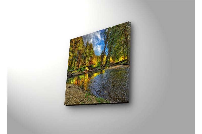 Canvastavla med LED-belysning 28x28 cm - Vacker höstlandskap med färgglada träd vid en spegelblanka flod - Grön / Orange / Blå - Inredning & dekor - Tavlor & konst - Canvastavla