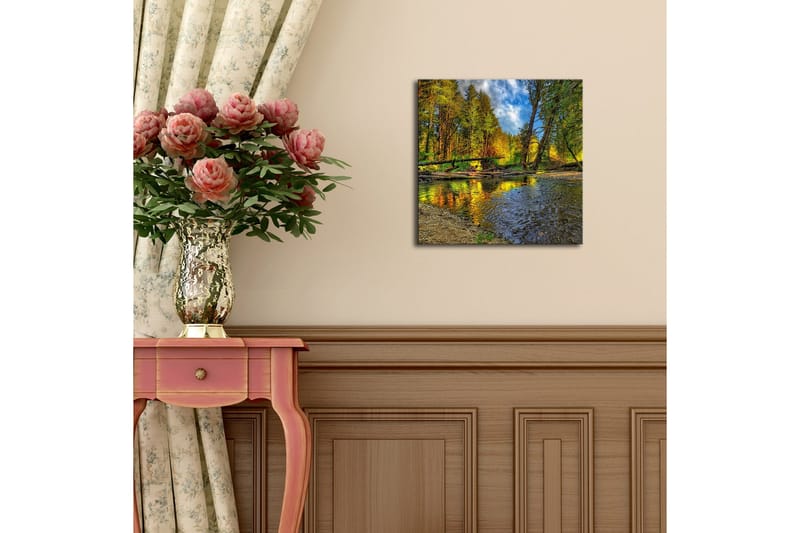 Canvastavla med LED-belysning 28x28 cm - Vacker höstlandskap med färgglada träd vid en spegelblanka flod - Grön / Orange / Blå - Inredning & dekor - Tavlor & konst - Canvastavla