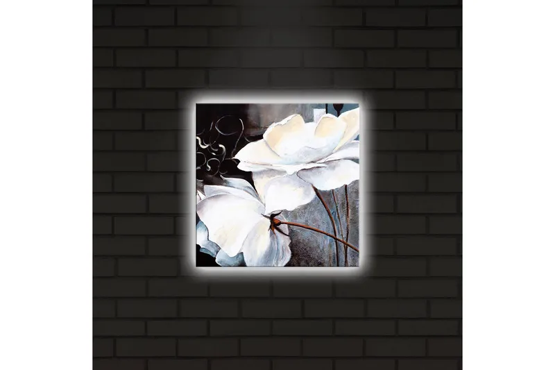 Canvastavla med LED-belysning 28x28 cm - Vita blommor med eleganta detaljer - Vit / Grå / Brun - Inredning & dekor - Tavlor & konst - Canvastavla
