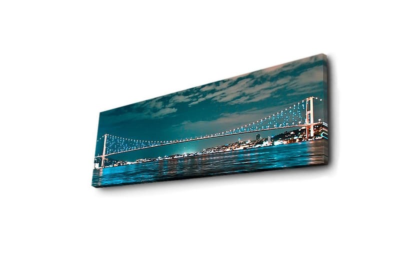 Canvastavla med LED-belysning 30x90 cm - Bro över en stilla vattenyta med stadsljus i bakgrunden - Mörkblå / Turkos / Ljusgrön - Inredning & dekor - Tavlor & konst - Canvastavla