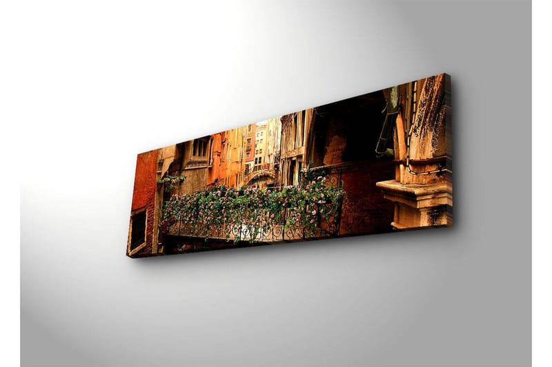 Canvastavla med LED-belysning 30x90 cm - Charmig balkong med blommor i en venetiansk gränd - Terrakotta / Grön / Rosa - Inredning & dekor - Tavlor & konst - Canvastavla