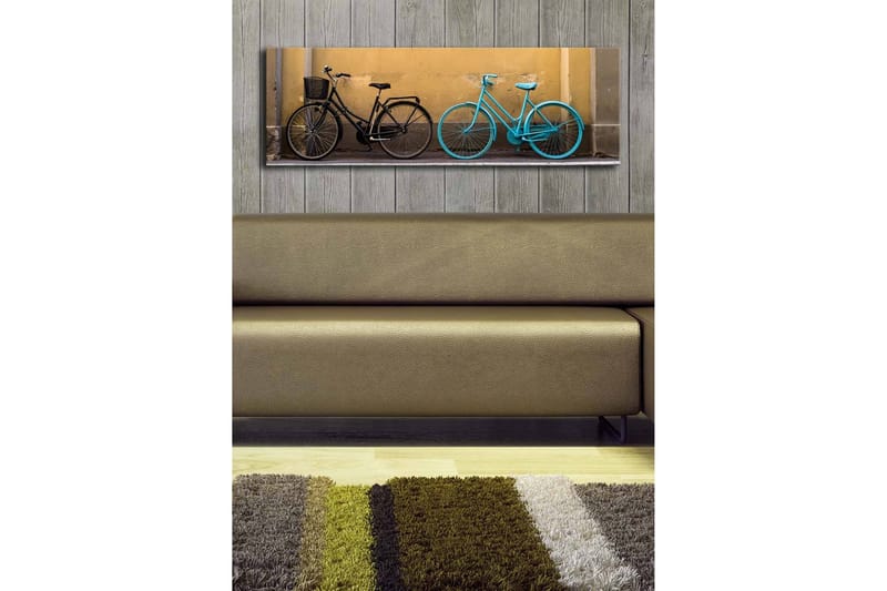 Canvastavla med LED-belysning 30x90 cm - Cyklar i kontrasterande färger mot en gul vägg - Svart / Turkos / Gul - Inredning & dekor - Tavlor & konst - Canvastavla