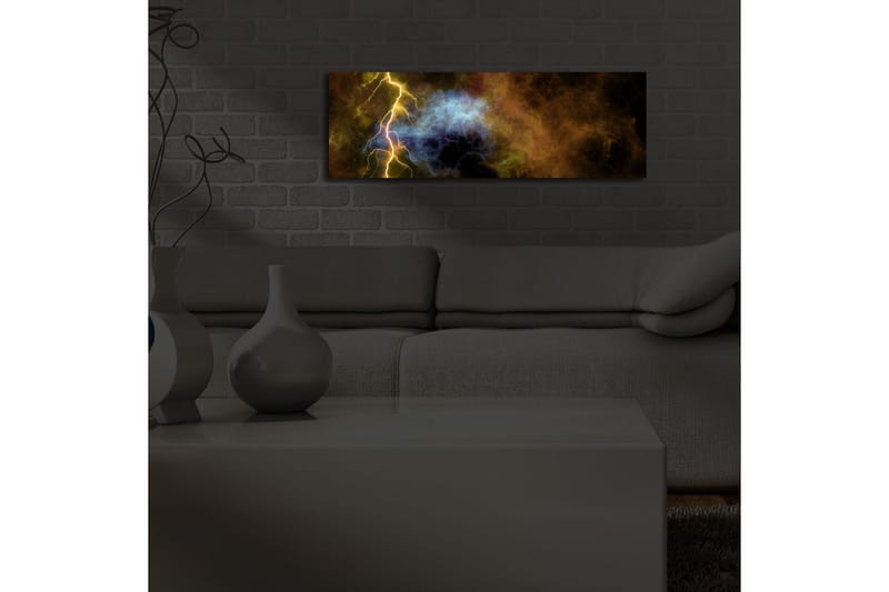 Canvastavla med LED-belysning 30x90 cm - Dramatiskt kosmiskt landskap med blixtar och färgexplosioner - Guld / Blå / Svart - Inredning & dekor - Tavlor & konst - Canvastavla