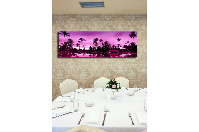 Canvastavla med LED-belysning 30x90 cm - Drömlik strandscen med palmer i skymningens ljus - Lila / Svart - Inredning & dekor - Tavlor & konst - Canvastavla