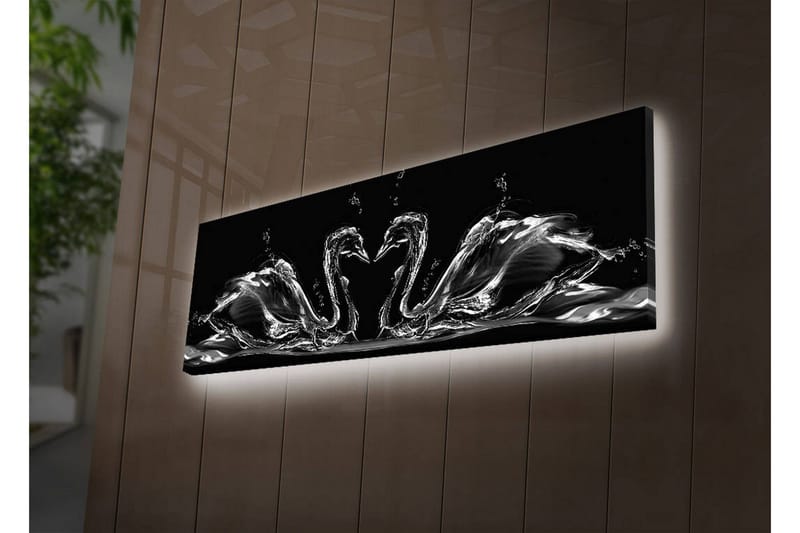 Canvastavla med LED-belysning 30x90 cm - Eleganta svanar i vattenrörelse, Svart / Vitt / Grått