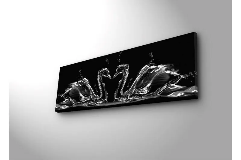 Canvastavla med LED-belysning 30x90 cm - Eleganta svanar i vattenrörelse - Svart / Vitt / Grått - Inredning & dekor - Tavlor & konst - Canvastavla