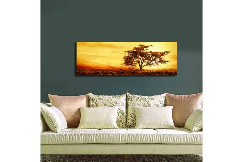 Canvastavla med LED-belysning 30x90 cm - Ensam akaciaträd mot en gyllene solnedgång - Guld / Brun / Orange - Inredning & dekor - Tavlor & konst - Canvastavla