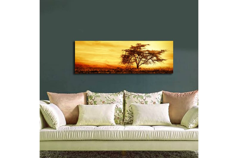 Canvastavla med LED-belysning 30x90 cm - Ensam akaciaträd mot en gyllene solnedgång - Guld / Brun / Orange - Inredning & dekor - Tavlor & konst - Canvastavla