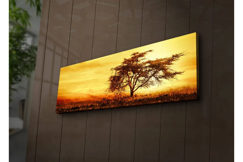 Canvastavla med LED-belysning 30x90 cm - Ensam akaciaträd mot en gyllene solnedgång - Guld / Brun / Orange - Inredning & dekor - Tavlor & konst - Canvastavla
