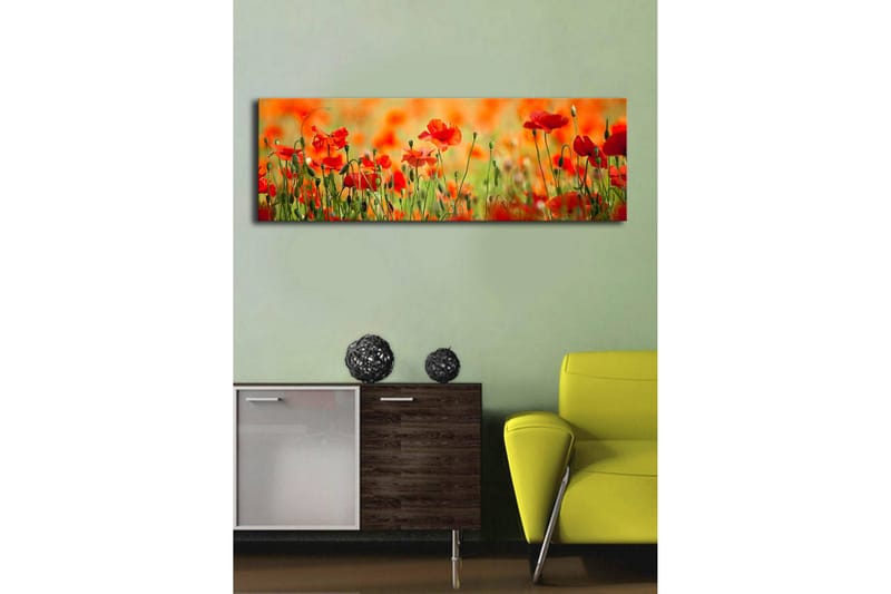 Canvastavla med LED-belysning 30x90 cm - Fält av röda vallmo-blommor i en grönskande omgivning - Röd / Grön / Orange - Inredning & dekor - Tavlor & konst - Canvastavla