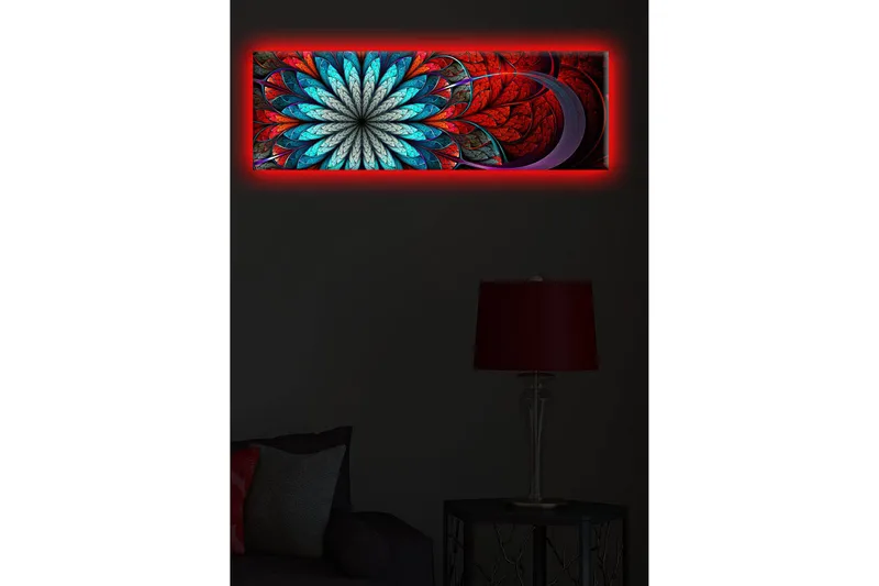 Canvastavla med LED-belysning 30x90 cm - Färgglad abstrakt komposition med blommoliknande mönster - Röd / Turkos / Grå - Inredning & dekor - Tavlor & konst - Canvastavla