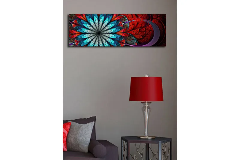 Canvastavla med LED-belysning 30x90 cm - Färgglad abstrakt komposition med blommoliknande mönster - Röd / Turkos / Grå - Inredning & dekor - Tavlor & konst - Canvastavla