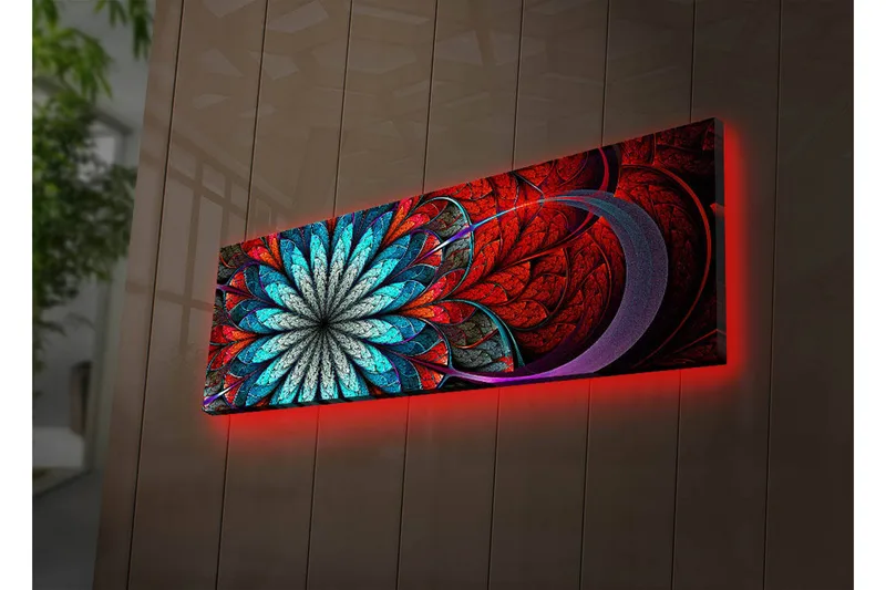 Canvastavla med LED-belysning 30x90 cm - Färgglad abstrakt komposition med blommoliknande mönster - Röd / Turkos / Grå - Inredning & dekor - Tavlor & konst - Canvastavla