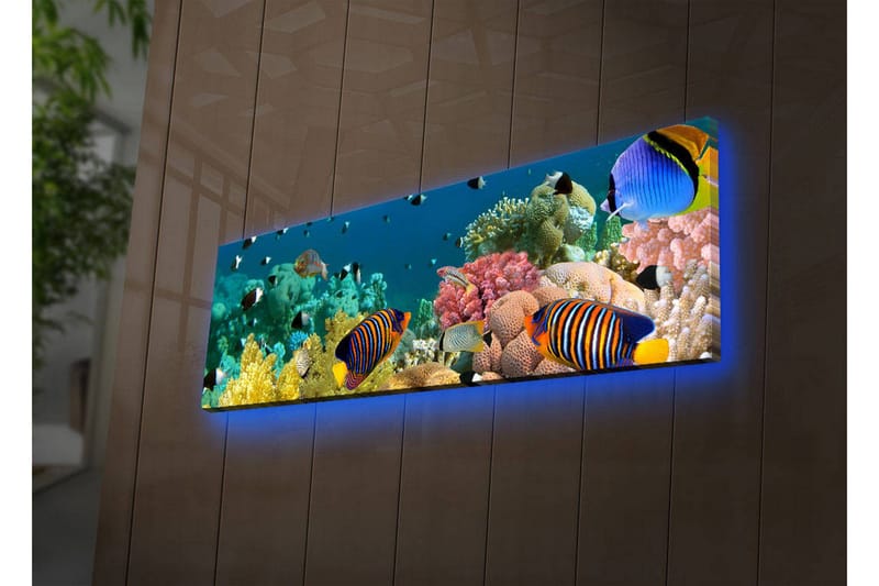 Canvastavla med LED-belysning 30x90 cm - Färgglad undervattensscen med tropiska fiskar och koraller, Blå / Gul / Rosa