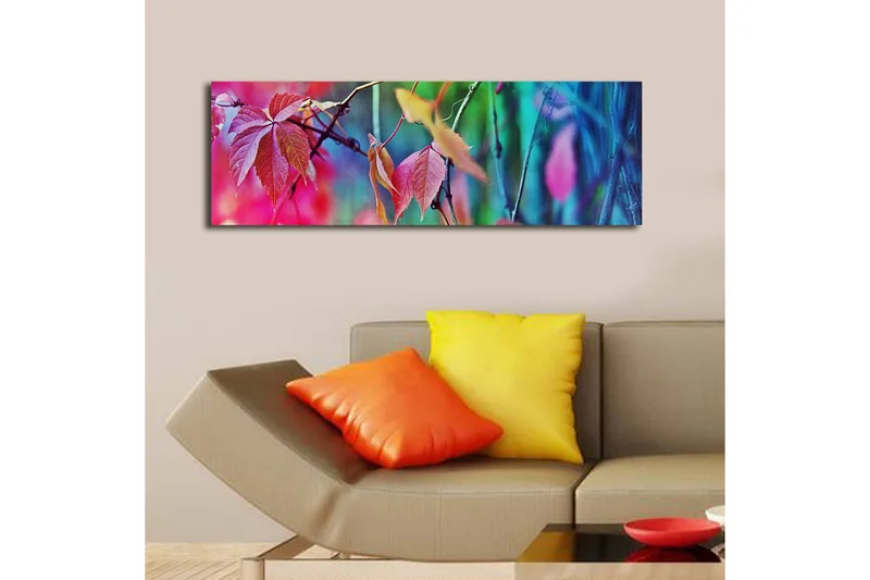 Canvastavla med LED-belysning 30x90 cm - Färgglada höstlöv i en abstrakt komposition - Rosa / Blå / Grön - Inredning & dekor - Tavlor & konst - Canvastavla