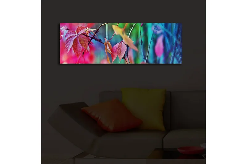 Canvastavla med LED-belysning 30x90 cm - Färgglada höstlöv i en abstrakt komposition - Rosa / Blå / Grön - Inredning & dekor - Tavlor & konst - Canvastavla