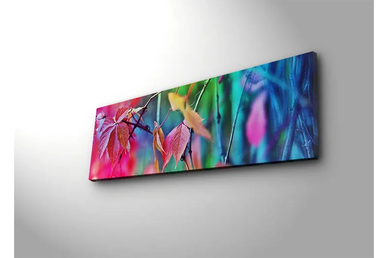 Canvastavla med LED-belysning 30x90 cm - Färgglada höstlöv i en abstrakt komposition - Rosa / Blå / Grön - Inredning & dekor - Tavlor & konst - Canvastavla