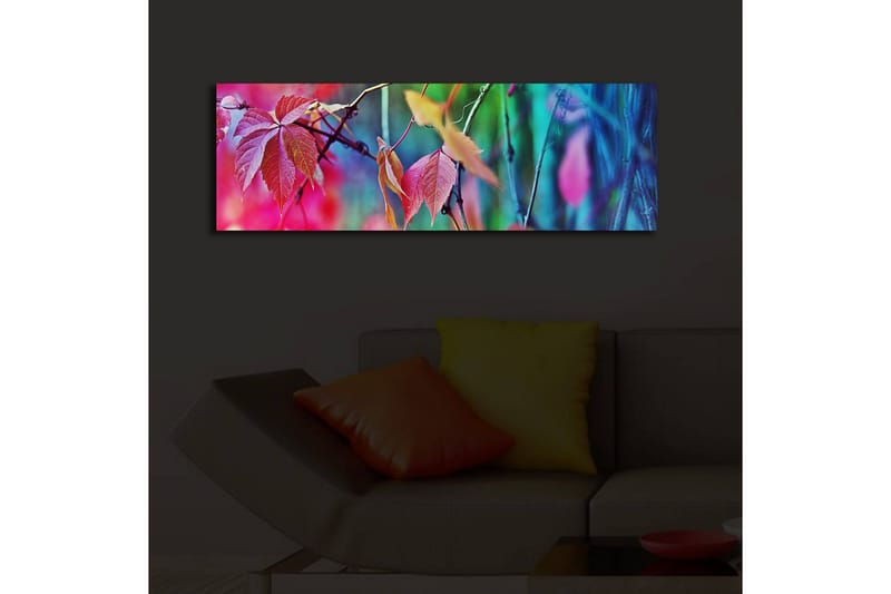Canvastavla med LED-belysning 30x90 cm - Färgglada höstlöv i en abstrakt komposition - Rosa / Blå / Grön - Inredning & dekor - Tavlor & konst - Canvastavla