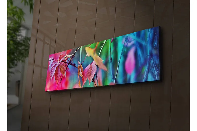 Canvastavla med LED-belysning 30x90 cm - Färgglada höstlöv i en abstrakt komposition - Rosa / Blå / Grön - Inredning & dekor - Tavlor & konst - Canvastavla