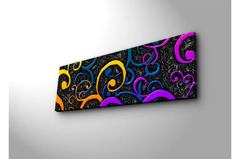 Canvastavla med LED-belysning 30x90 cm - Färgglada snirklar på en mörk bakgrund - Gul / Lila / Blå - Inredning & dekor - Tavlor & konst - Canvastavla