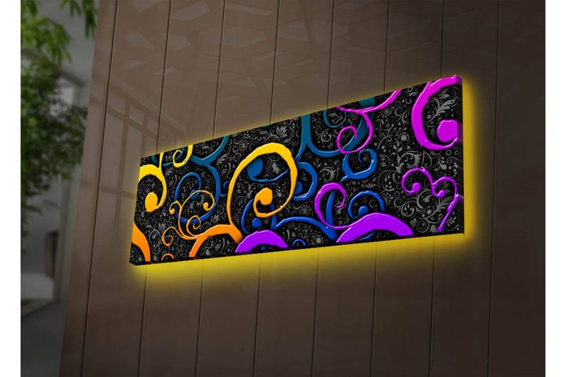 Canvastavla med LED-belysning 30x90 cm - Färgglada snirklar på en mörk bakgrund - Gul / Lila / Blå - Inredning & dekor - Tavlor & konst - Canvastavla