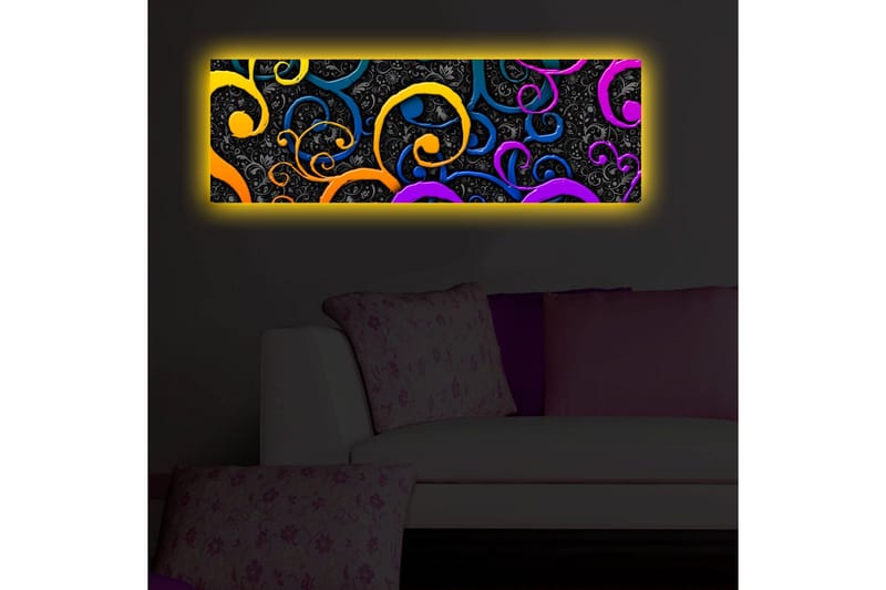 Canvastavla med LED-belysning 30x90 cm - Färgglada snirklar på en mörk bakgrund - Gul / Lila / Blå - Inredning & dekor - Tavlor & konst - Canvastavla