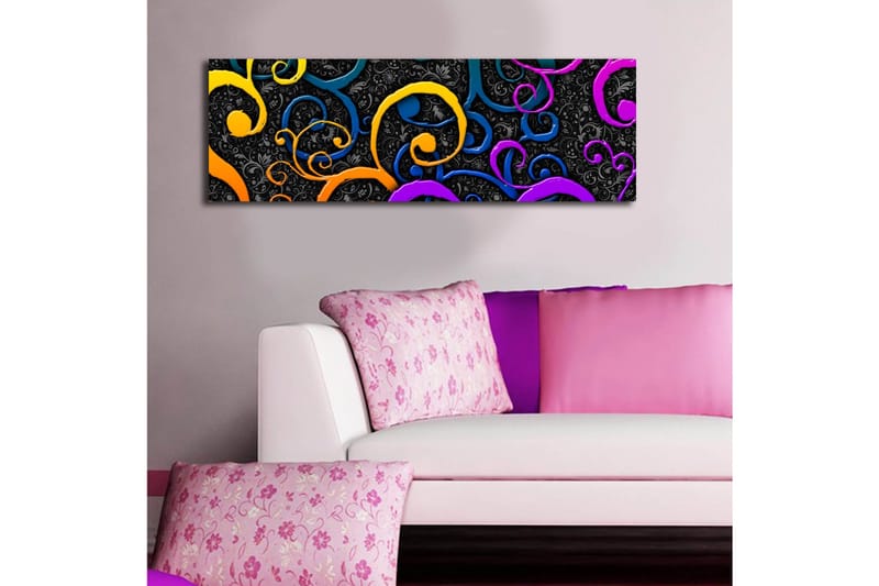 Canvastavla med LED-belysning 30x90 cm - Färgglada snirklar på en mörk bakgrund - Gul / Lila / Blå - Inredning & dekor - Tavlor & konst - Canvastavla