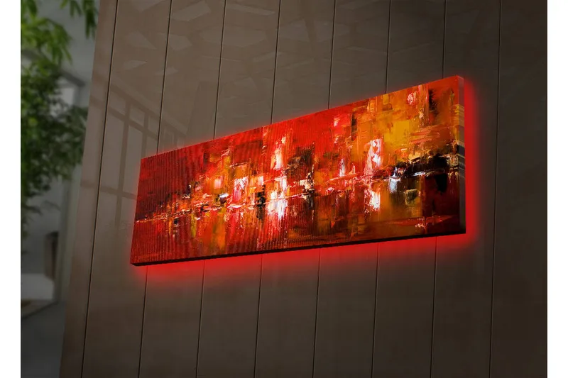 Canvastavla med LED-belysning 30x90 cm - Färgstark abstrakt komposition med inslag av röd och orange - Röd / Orange / Svart - Inredning & dekor - Tavlor & konst - Canvastavla