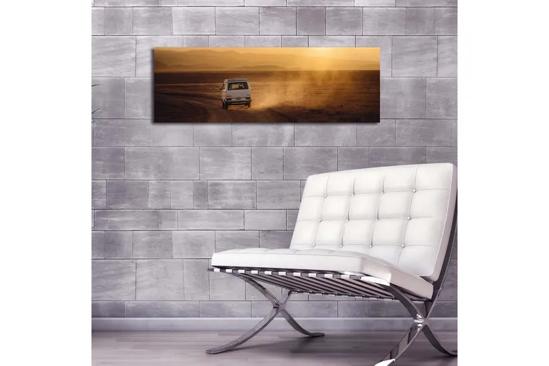 Canvastavla med LED-belysning 30x90 cm - Färgstark landskapsvy med en bil som kör på en grusväg - Guld / Brunt - Inredning & dekor - Tavlor & konst - Canvastavla
